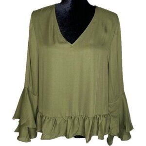 Olive Green V-Neck Ruffle Hem Bell Sleeve Blouse S 100% Polyester Womens Top